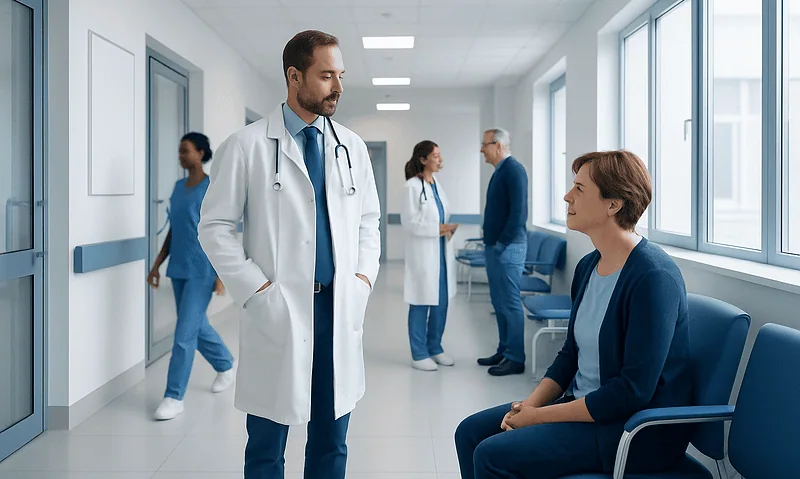 Doctor talking to a patient in a hospital corridor with medical staff in background.