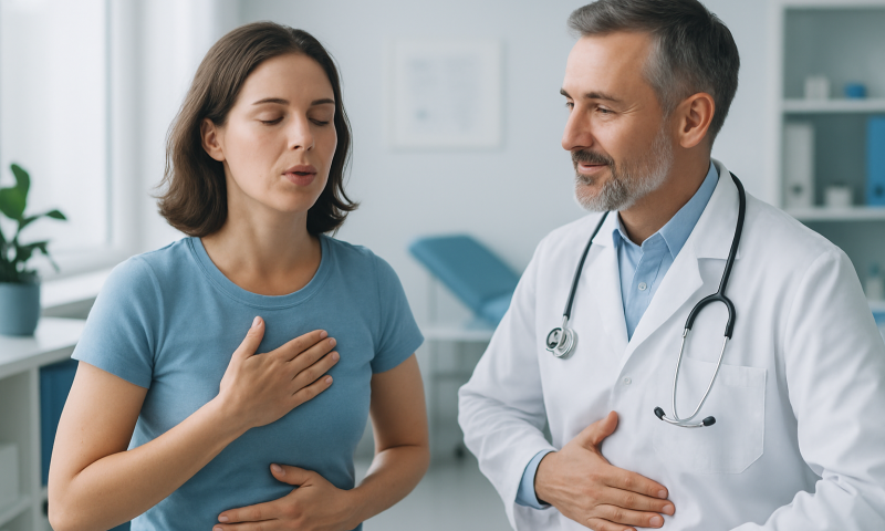 Doctor explaining diaphragmatic breathing to a patient in a medical office.