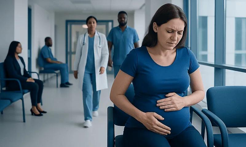 Pregnant woman experiencing stomach pain in hospital corridor.