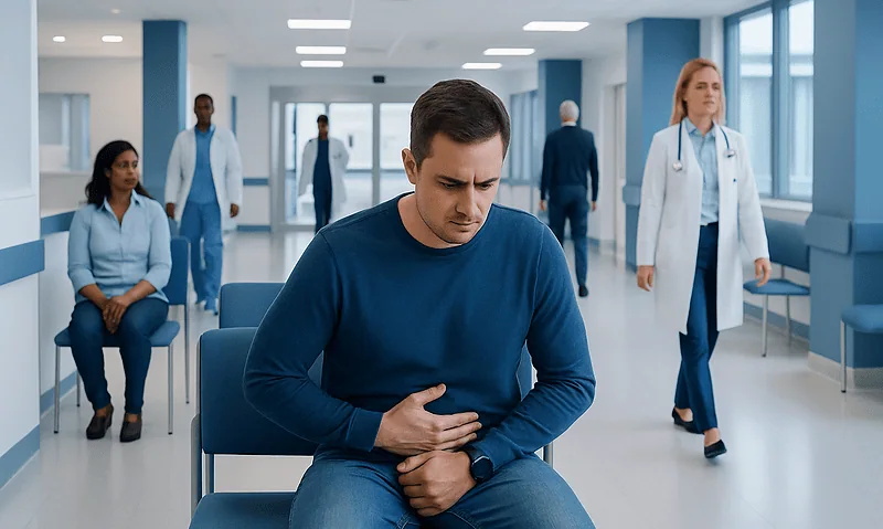 Young man experiencing stomach pain in hospital waiting area.