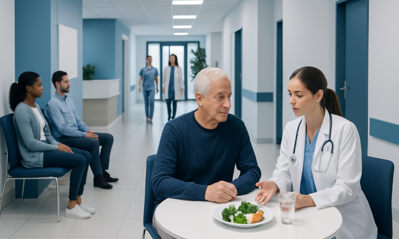 Doctor consulting with elderly patient in hospital corridor.