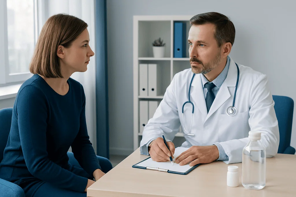 Doctor consulting with a female patient in a medical office.