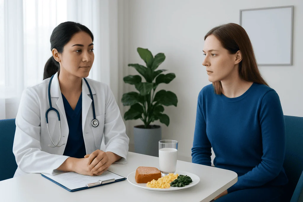 Doctor consulting patient about nutrition and health at clinic.