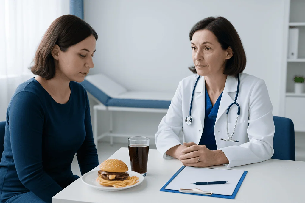 Doctor discussing dietary advice with patient in a clinical setting.