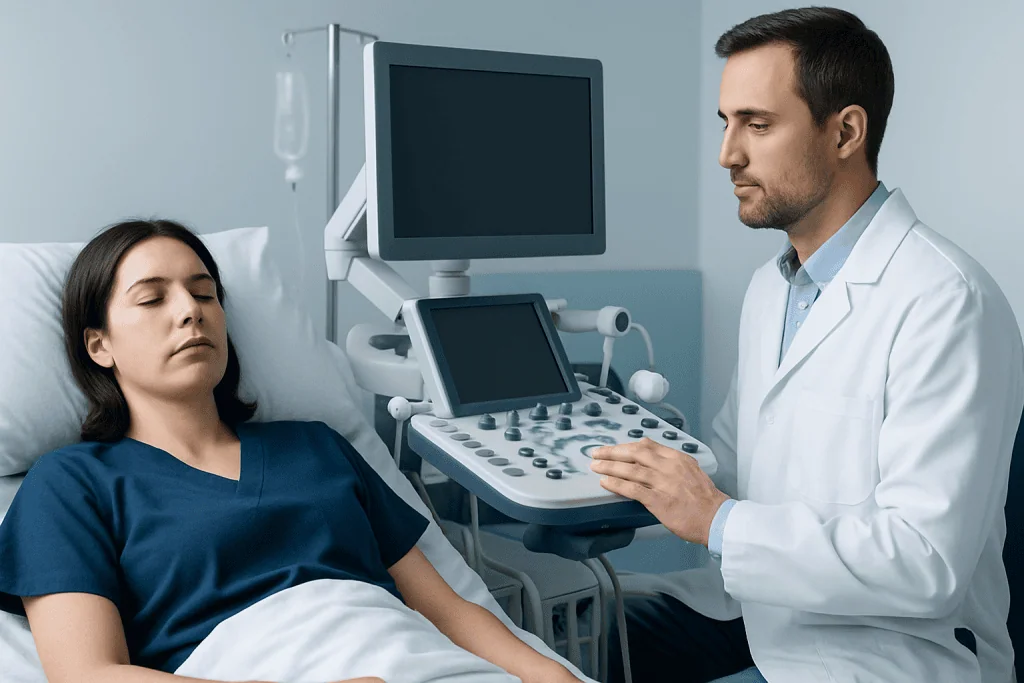 Doctor performing an ultrasound exam on a patient in a hospital room.
