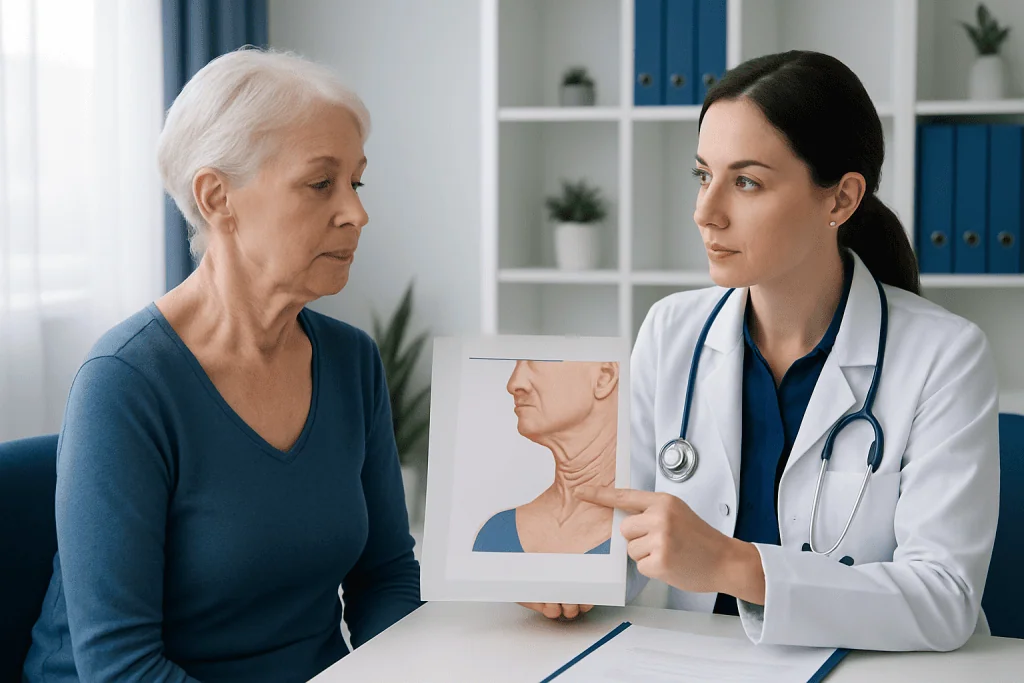 Doctor explaining neck wrinkles to an elderly woman in a consultation room.