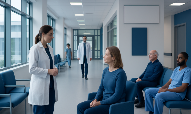 Doctor consulting patients in a hospital corridor for digestive issues.