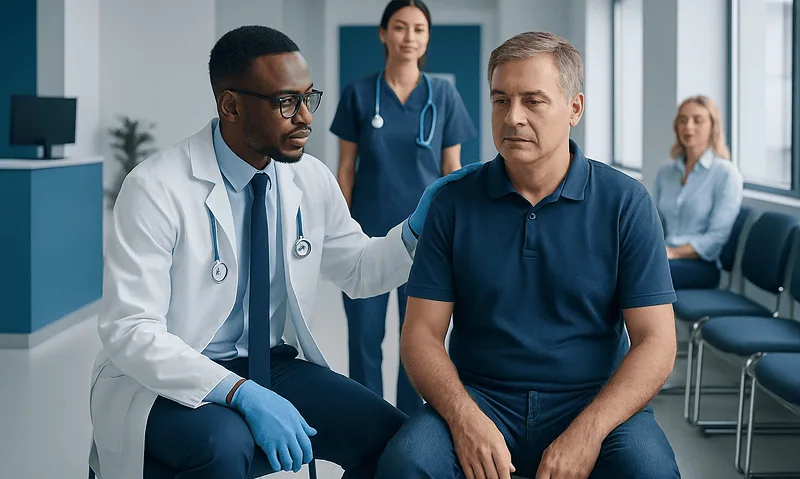 Doctor performing digital rectal exam on male patient in clinic.