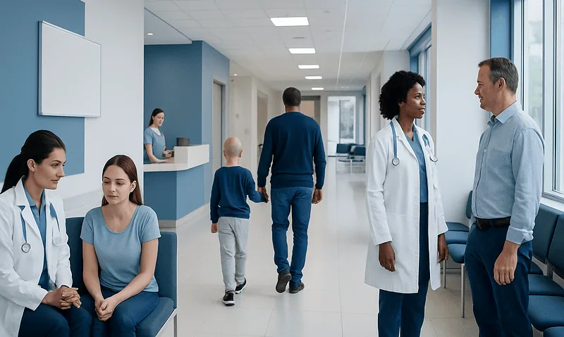 Healthcare professionals and patients in a modern hospital corridor.