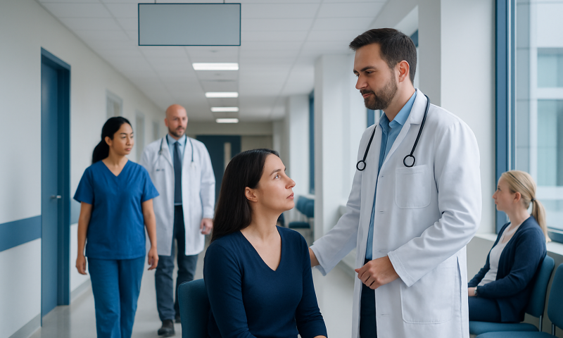Doctor consulting female patient in hospital corridor with medical staff in background.