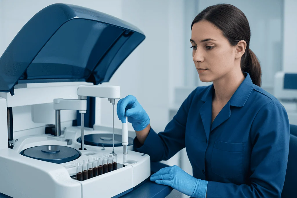 Laboratory technician operating a blood testing machine at Acibadem Hospitals Group.