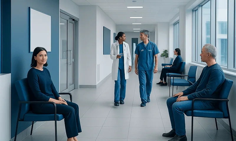 Patients waiting in a hospital corridor with medical staff nearby.