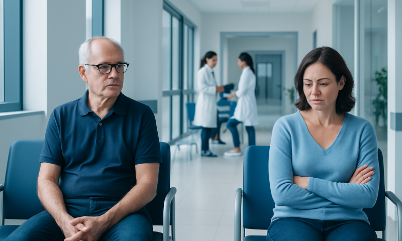 Patient and doctor in a hospital waiting area, discussing health concerns.