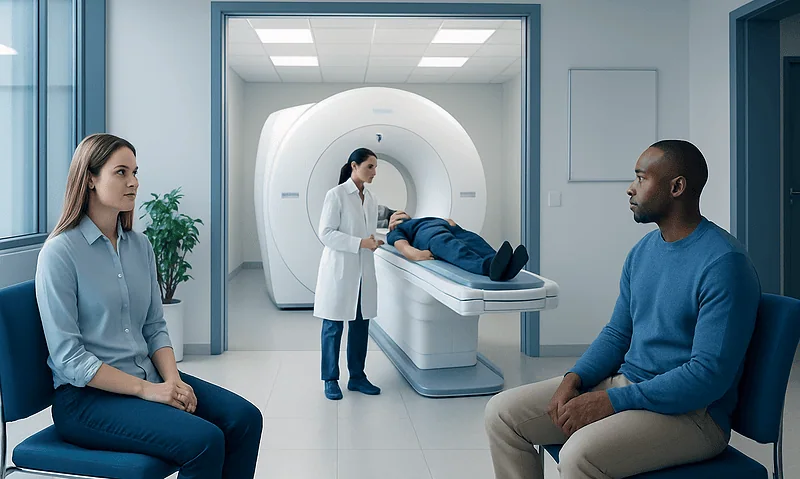 Patient preparing for MRI scan in a modern hospital setting.