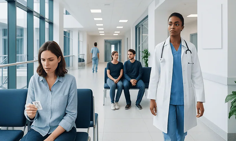 Medical clinic with patients and healthcare professional in a modern hospital corridor.
