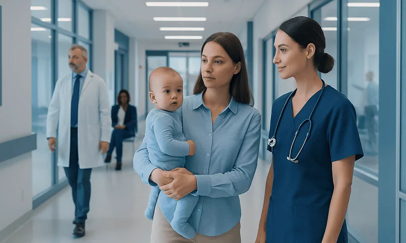 Mother and nurse with baby in hospital corridor at Acibadem Hospitals Group.