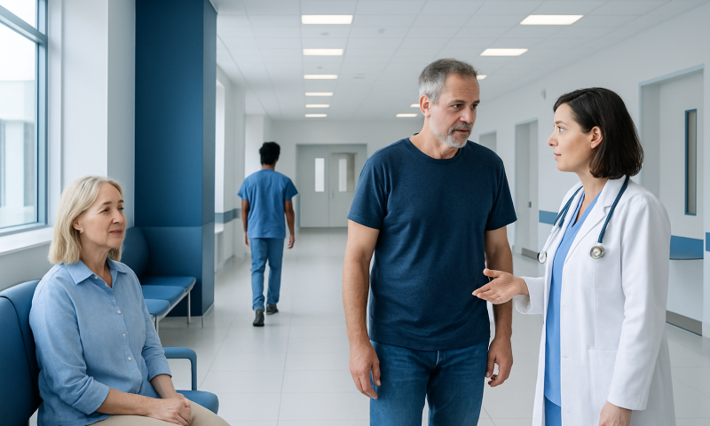 Doctor consulting with male patient in hospital corridor.