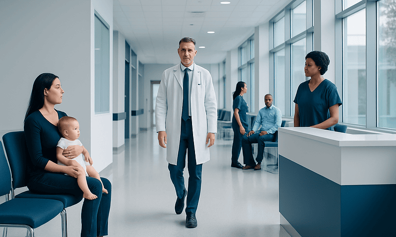 Doctor walking in hospital corridor with patients and visitors nearby.