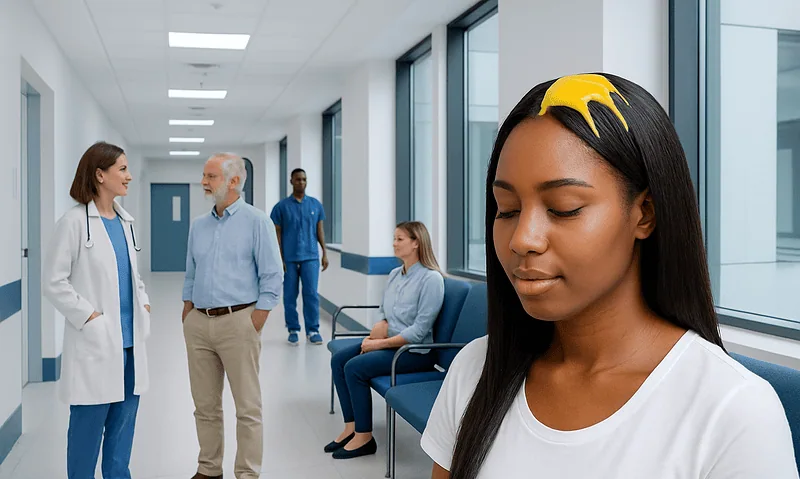 Young woman with closed eyes in a hospital corridor, medical staff in background.