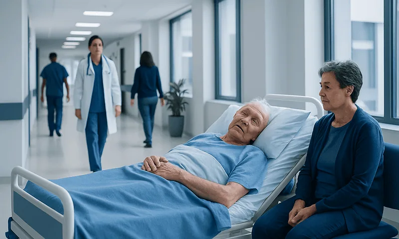 Elderly patient resting in hospital bed with caregiver nearby at Acibadem Hospital.