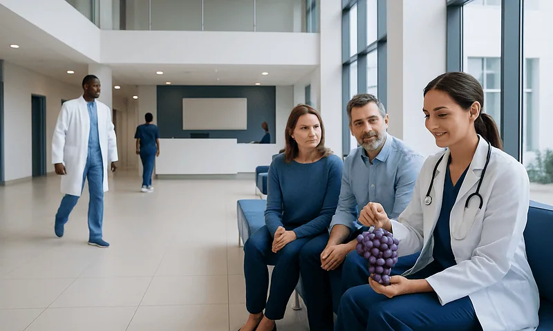 Healthcare professionals and patients in a modern hospital lobby.