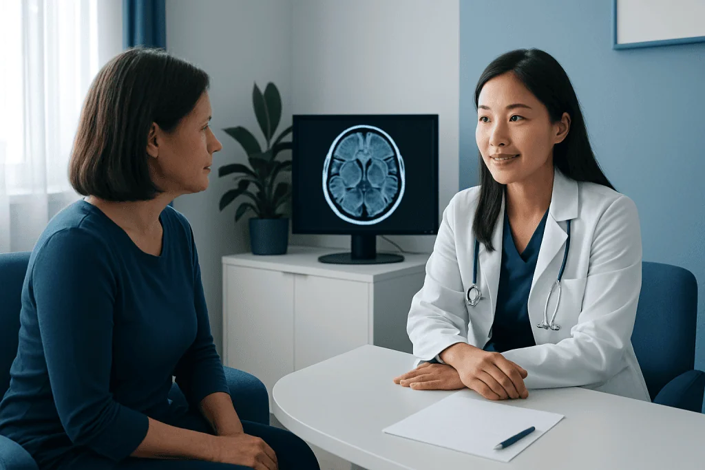 Doctor discussing MRI results with a patient in a medical office.