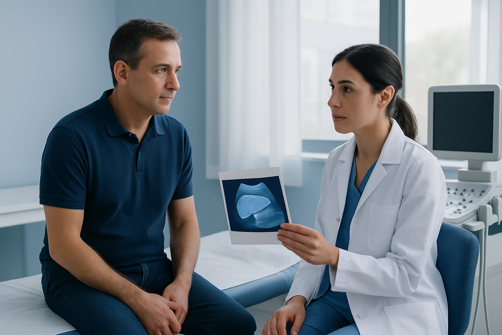 Doctor explaining liver ultrasound results to patient in clinic.
