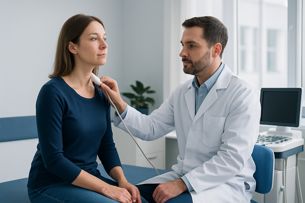 Doctor performs thyroid ultrasound examination on a female patient.