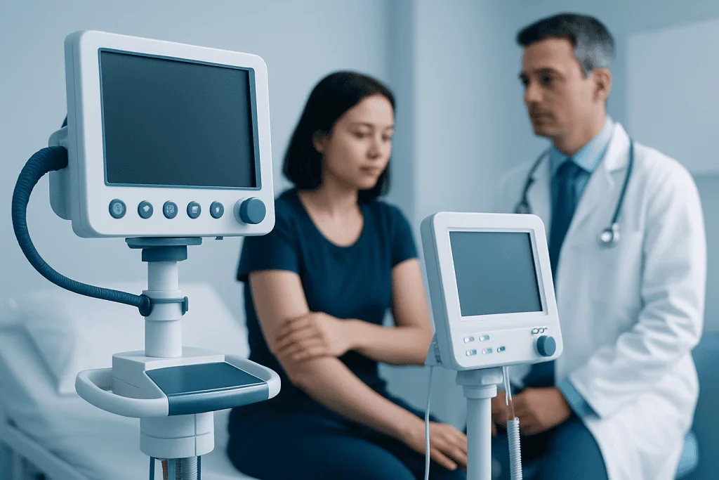 Doctor consulting with patient in a medical clinic with monitors.