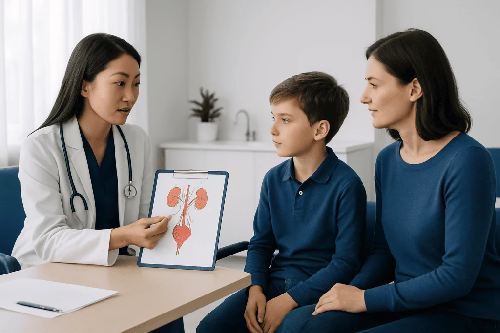 Doctor explaining urinary system to a boy and his mother in a consultation room.