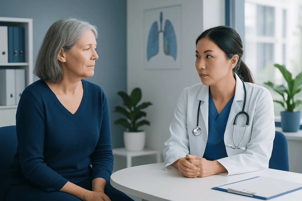 Doctor consulting with an elderly female patient in a medical office.