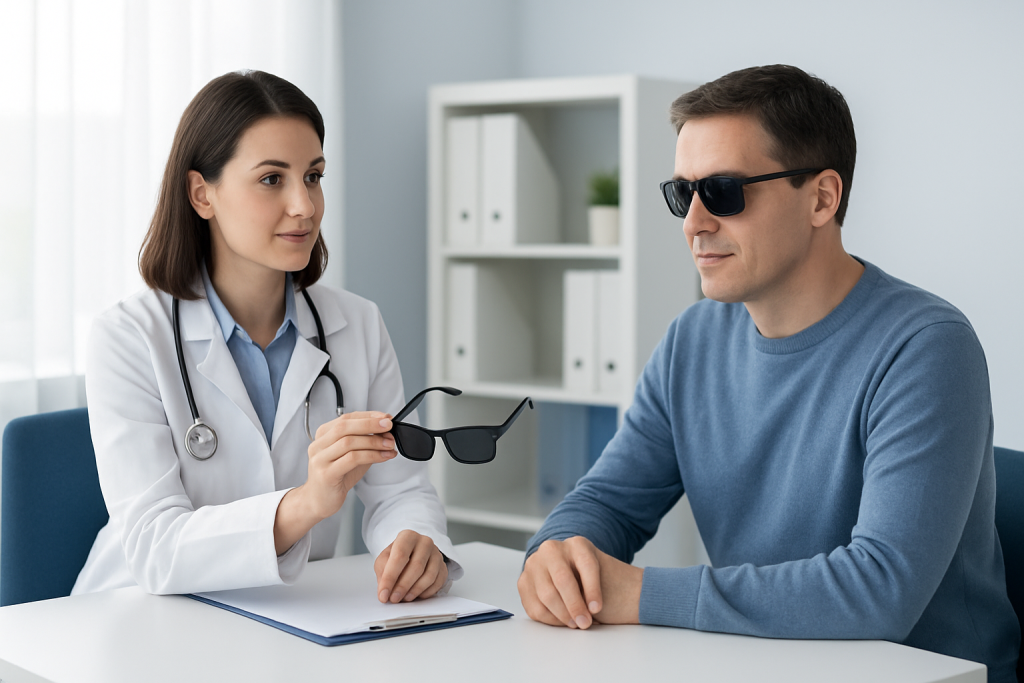 Doctor explains UV protection and polarized lenses to patient in consultation room.