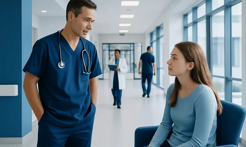 Healthcare professional talking to a patient in a hospital corridor.