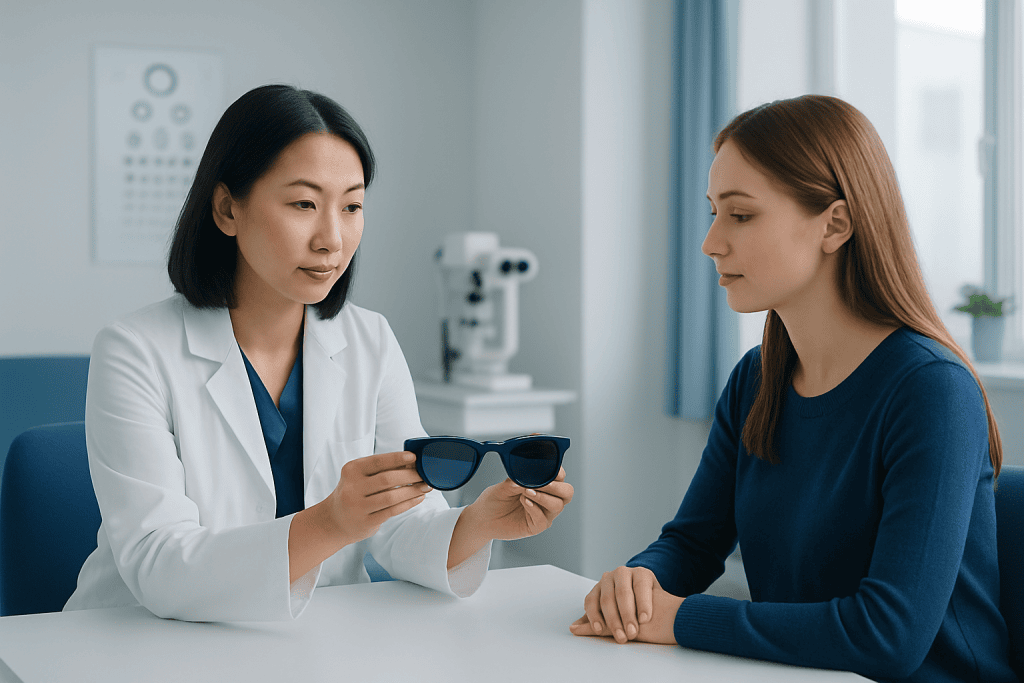 Optometrist showing sunglasses to patient in clinic setting.