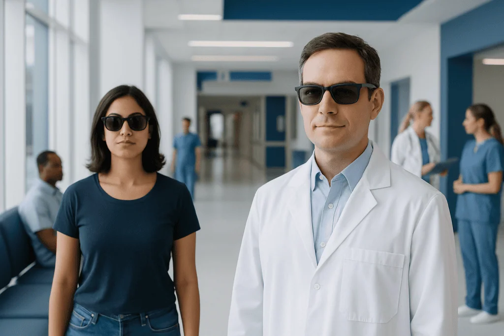 Do Sunglasses Block Uv Rays: An Evidence-Based Patient Guide 1 Medical professionals wearing sunglasses in a hospital corridor.
