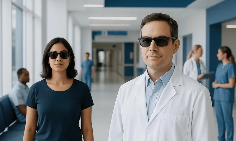 Medical professionals wearing sunglasses in a hospital corridor.