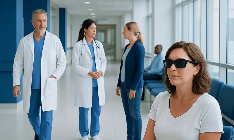 Patient wearing sunglasses in hospital corridor with medical staff nearby.