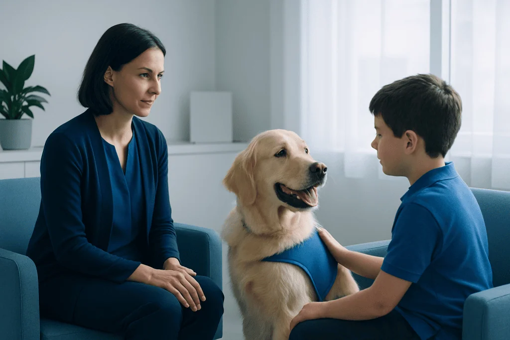Therapy session with a therapy dog and a young boy at a clinic.