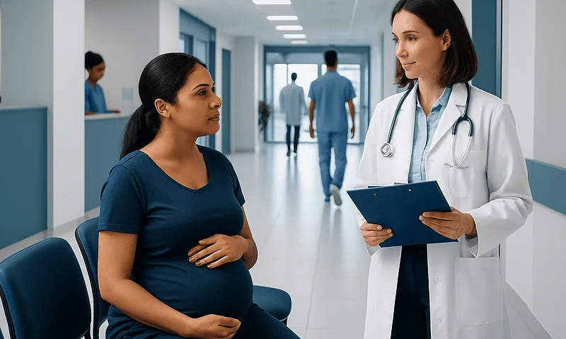 Pregnant woman consulting with a doctor in a hospital corridor.