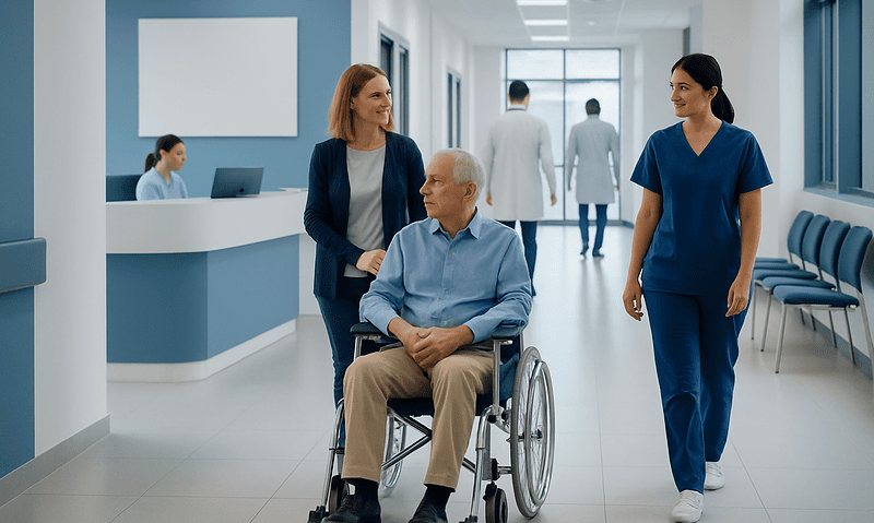 Hospital corridor with patient in wheelchair and medical staff.