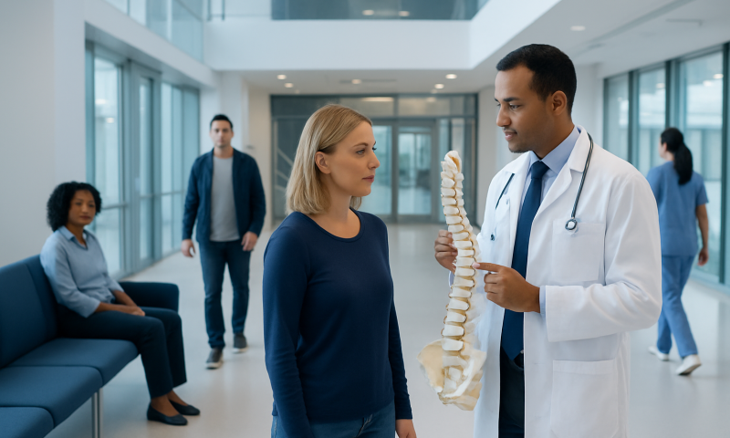 Doctor explaining spine anatomy to a patient in a hospital corridor.