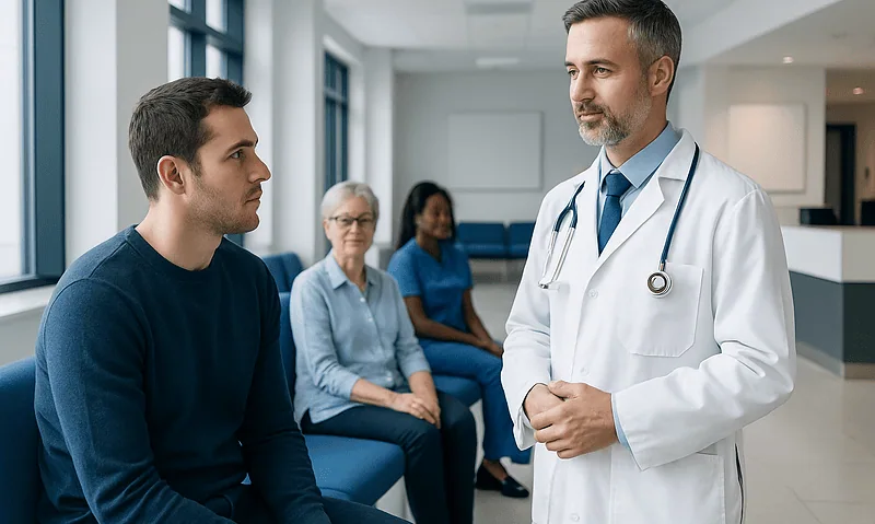 Doctor consulting young patient in hospital corridor with waiting group.
