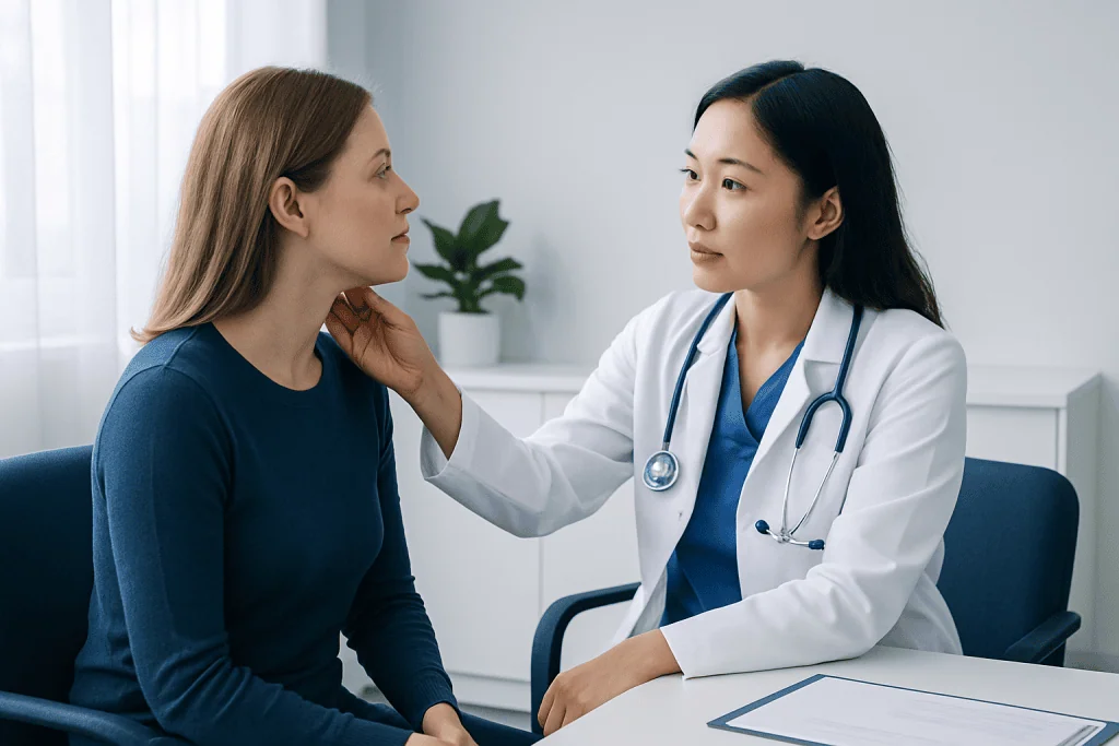 Doctor examining a patient's neck for lymph node swelling in a clinical setting.