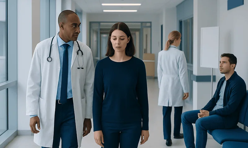 Medical professionals and patient in hospital corridor at Acibadem Hospitals Group.