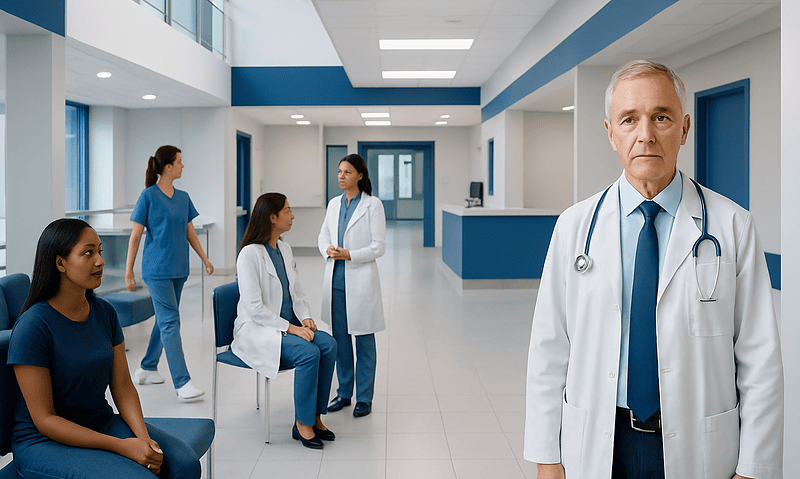 Medical team and patients in a modern hospital corridor.
