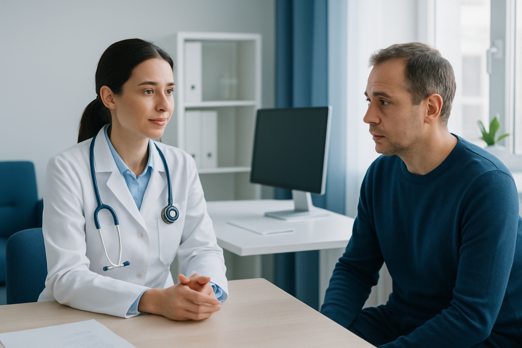 Doctor consulting with male patient in a modern clinic setting.