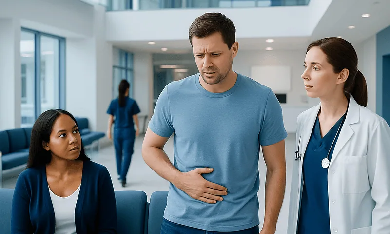 Patient experiencing abdominal pain in hospital corridor with medical staff nearby.