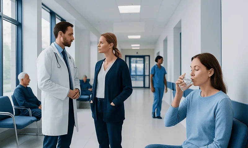Doctor consulting with a female patient in a hospital corridor.