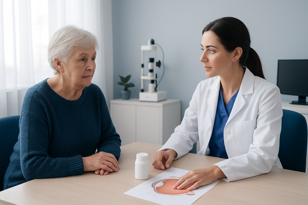 Ophthalmologist consulting elderly woman about eye health in clinic.