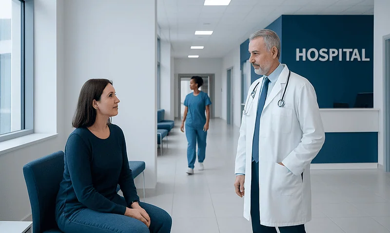 Doctor consulting a patient in a hospital corridor with a nurse in the background.